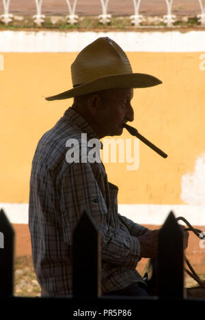 portrait of an old man profile with traditional hat and smoking cigar in the streets of Trinidad Cuba West Indies Stock Photo