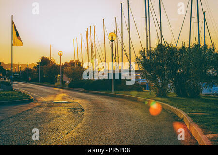 Sunset at embankment of the marina in Izola village on the Adriatic sea, Slovenia Stock Photo