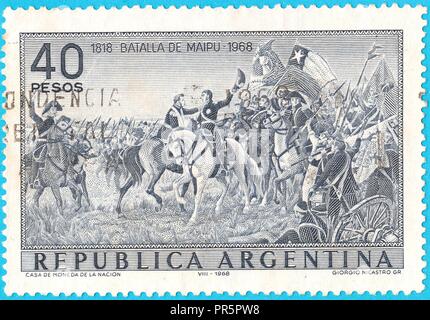 Canceled postage stamp depicting Battle of Maipu near Santiago, Chile on April 5, 1818 between South American rebels and Spanish royalists. From pictu Stock Photo