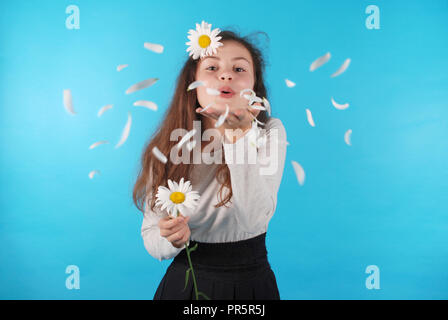 Girl blowing away chamomile petals on blue background in studio Stock Photo