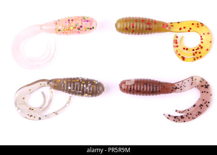 Silicone Bait. Twisters on the Background of Burlap. Lures with