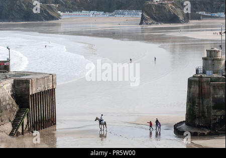 Newquay, UK - February, 2015. View of the beach during low tide. Horse riding on the beach. Stock Photo