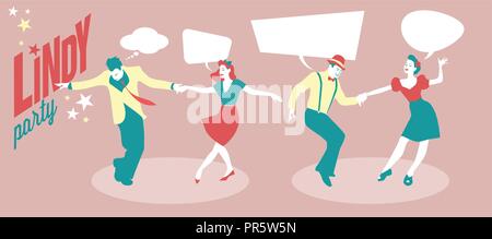 Lindy & Swing Party. Two young couples dancing swing or lindy hop Stock Vector