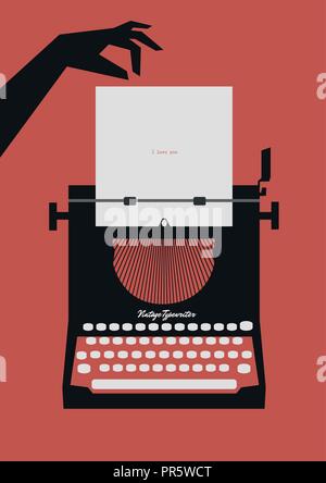 Old typewriter and hand. Vector illustration on a red background. Retro style Stock Vector
