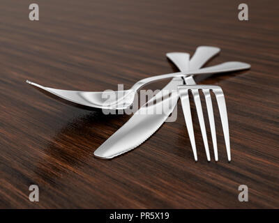 Spoon, fork and knife on table. 3d illustration. Stock Photo