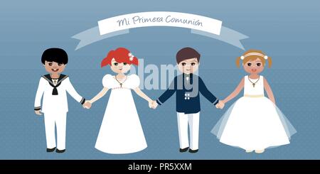 My First Communion. Boys&Girls wearing communion clothes holding hands Stock Vector