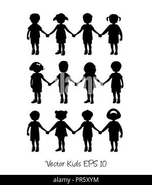 Set of little kids isolated holding hands Stock Vector