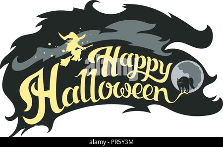 Happy Halloween vector lettering. Holiday calligraphy with spider and web for banner, poster, greeting card, party invitation. Isolated illustration. Stock Vector