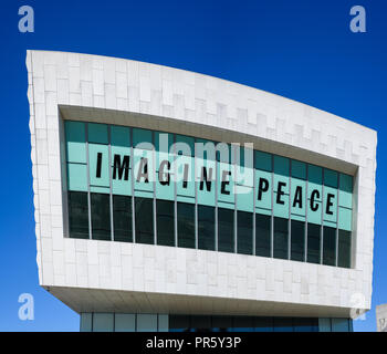 Imagine Peace displayed on the facade of the  Museum of Liverpool, Liverpool, Uk Stock Photo