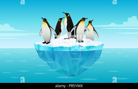 Flock of emperor penguins on ice floe in cold water Stock Vector