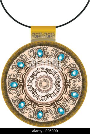 Gold jewelery mandala, decorated with turquoise and jasper on black background. Stock Vector