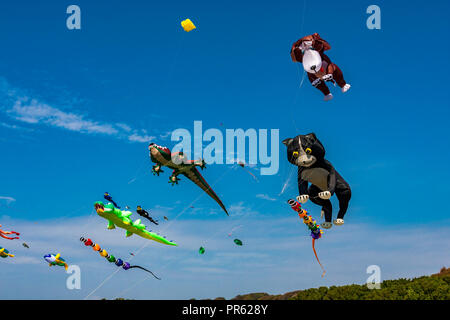 Novelty animal kites being flown against a deep blue sky Stock Photo