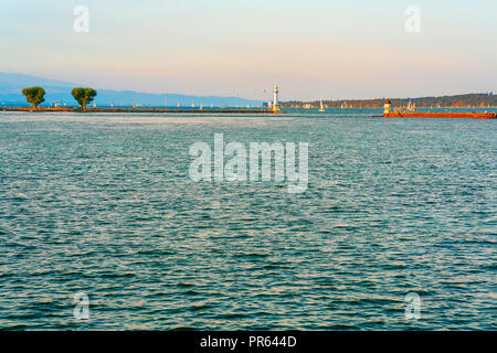 Geneva, Switzerland - August 30, 2016: Pier at Geneva Lake in Geneva city, Switzerland Stock Photo