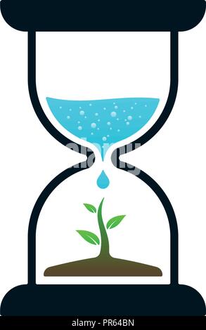 Sprout and water drop in hourglass on white background. Icon design about time. Stock Vector