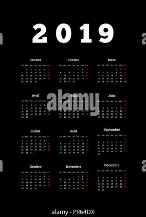 2019 year simple calendar on french language on dark background, a4 vertical sheet size Stock Vector