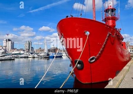 Light vessel LV18 temporarily moored up at Neptune Marina in Ipswich, Suffolk. It’s usual berth at Harwich is being dredged. September 2018. Stock Photo