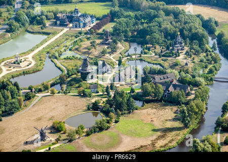 Gifhorn, Germany, September 16, 2018: Aerial view of the mill museum near Gifhorn with mills, the Liberty Bell and the Russian Basilica Stock Photo