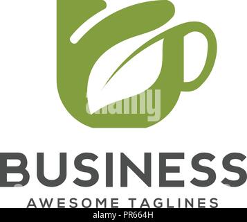 Herbal green tea cup logo, herbal drink logo,green leaf with mug logo, green leaf with tea cup logo concept.nature drink , health drink logo Stock Vector