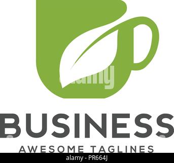 Herbal green tea cup logo, herbal drink logo,green leaf with mug logo, green leaf with tea cup logo concept.nature drink , health drink logo Stock Vector