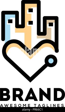 love city logo, heart city lines logo concept, real estate logo concept, heart city logo concept, central real estate logo,abstract vector logo of bui Stock Vector
