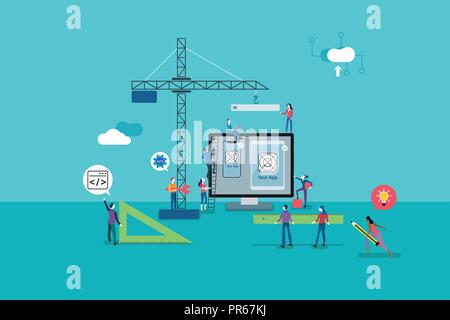 Creative Teamwork Concept. Collaboration in application development for mobile and tablet. Easy to edit and customize. Vector illustration. Stock Vector