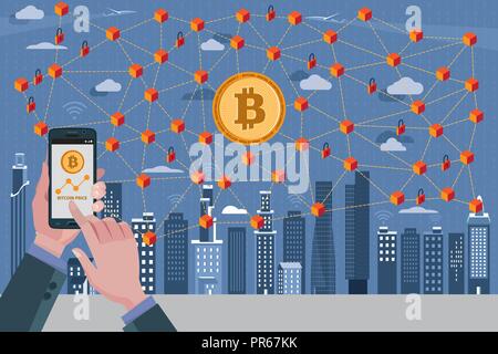 Modern City,Bitcoin currency symbol, Blockchain Ntransaction network with bitcoin currency. In the foreground hands with a mobile phone with the bitco Stock Vector