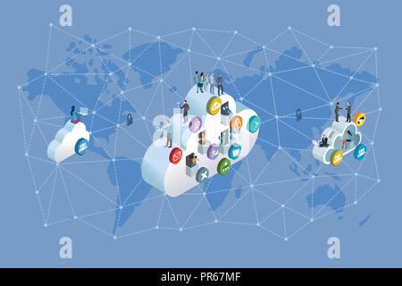 Decentralized Network and Cloud Computing. Professional workers working in the cloud. Network ans world map background. Vector illustration. Stock Vector