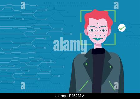 Face Recognition Technology. Scanning of a man's face of for facial recognition. Stock Vector