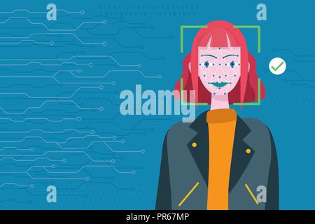 Face Recognition Technology. Scanning of a woman's face facial recognition. Stock Vector