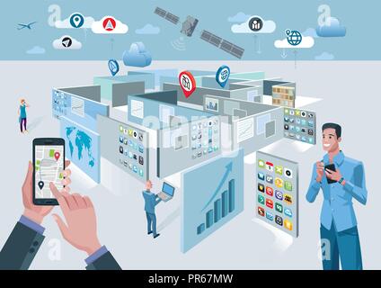 Hands with smartphone with mobile navigator application on screen in front a maze built with screens displaying information. In the sky a satellite. Stock Vector