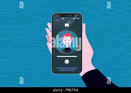 Face Recognition Technology used in a Smart Phone. Scanning og the face of a business man for facial recognition. Stock Vector