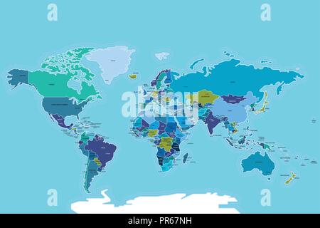 World Map with Countries. Vector map illustration with countries names and the capitals. Stock Vector