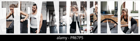 Collage of a fit young woman working out alone and with a partner in a gym with an overlay of the word training Stock Photo