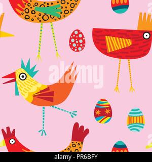 Vector red and orange funky chickens on a pink background seamless pattern. Ideal for crafting projects like fabrics, scrapbooking, wallpapers. Stock Vector
