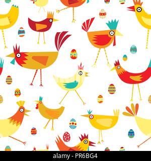 Vector yellow, red and orange colored happy chickens seamless pattern background. Ideal for crafts, fabrics, scrapbooking digital or in print. Stock Vector