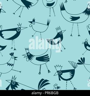 Vector blue monochrome funky chickens seamless pattern background. Perfect for fabric designs, quilting, scrapbooking, wallpapers and crafts Stock Vector