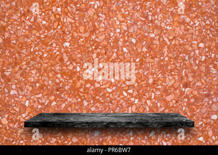 Empty top of black marble stone shelves on terrazzo wall background, product display, you can put product on shelf. Stock Photo