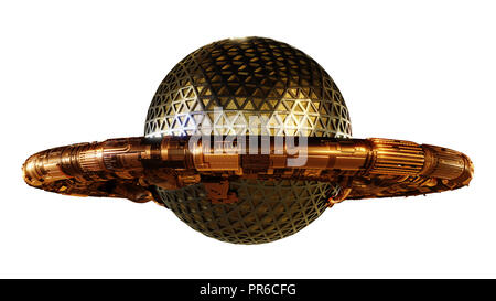 UFO, alien spaceship isolated on white background, flying saucer with steampunk design (3d rendering) Stock Photo