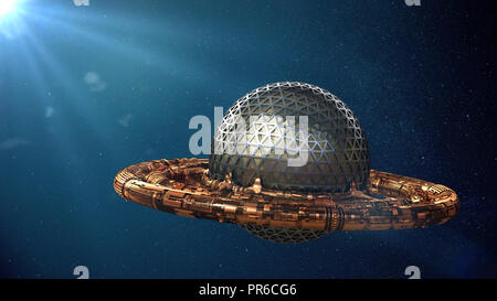 UFO, alien spaceship in outer space, fliyng saucer approaching a star (3d illustration) Stock Photo