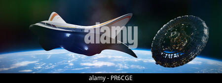 spaceship departure from space station, traffic in outer space planet Earth (3d science fiction illustration banner, elements of this image are furnis Stock Photo