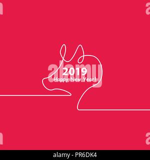 Creative happy new year 2019 design with one line design silhouette of pig. Minimalistic style vector illustration. Flat style Stock Vector