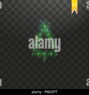 Christmas Tree made. Green glitter bokeh lights and sparkles. Shining star, sun particles and sparks with lens flare effect and with multi-colored fireworks on transparent background Stock Vector