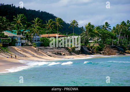 Severe beach erosion in Ehukai Beach or Banzai Pipeline, North Shore of Oahu, Hawaii, USA Stock Photo
