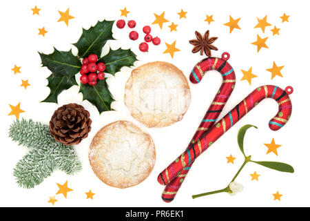 https://l450v.alamy.com/450v/pr6ek1/christmas-festive-symbols-with-mince-pies-candy-canes-winter-flora-of-holly-mistletoe-snow-covered-fir-and-pine-cone-with-gold-stars-on-white-pr6ek1.jpg