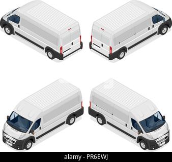 Commercial white van icons set isolated on a white background. Flat 3d vector isometric illustration. Stock Vector
