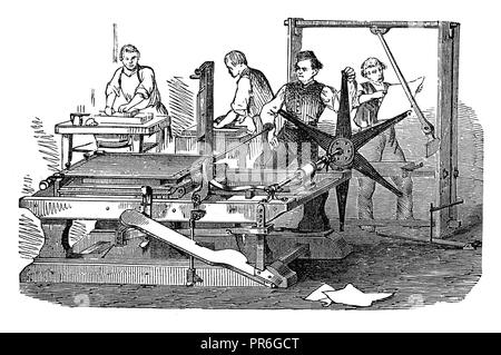 19-th century illustration of lithographic press. Published in Novoveki Izumi u znanosti, obrtu i umjetnosti by dr. Bogoslav Sulek, dr. Mijo Kispatic  Stock Photo