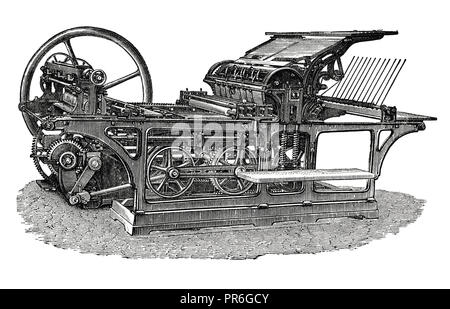 19-th century illustration of lithographic printing machine. Published in Novoveki Izumi u znanosti, obrtu i umjetnosti by dr. Bogoslav Sulek, dr. Mij Stock Photo