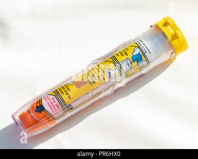 Epinephrine Autoinjector or Epipen for injecting doses of epinephrine or adrenaline through a needle into a patient suffering an allergy. Stock Photo