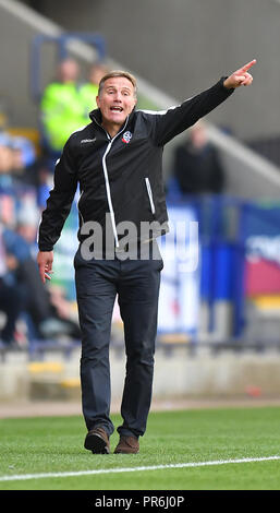 Bolton Wanderers' Manager Phil Parkinson during the Sky Bet Championship match at the University of Bolton Stadium. PRESS ASSOCIATION Photo. Picture date: Saturday September 29, 2018. See PA story SOCCER Bolton. Photo credit should read: Dave Howarth/PA Wire. RESTRICTIONS: No use with unauthorised audio, video, data, fixture lists, club/league logos or 'live' services. Online in-match use limited to 120 images, no video emulation. No use in betting, games or single club/league/player publications. Stock Photo