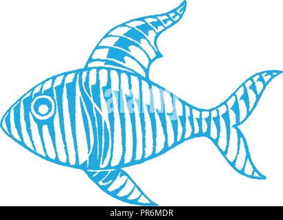 Illustration of Blue Vectorized Ink Sketch of Fish isolated on a White Background Stock Vector